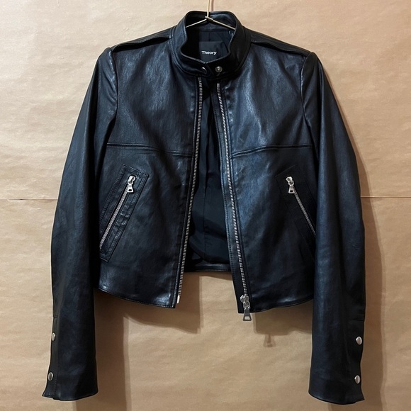 Theory Jackets & Blazers - Theory | Bavewick Lamb Leather Stretch Crop Moto Jacket Black Size XS (Size P)